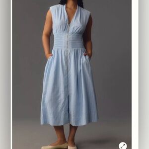 Anthropologie The Tommie Cap-Sleeve Smocked Front-Zip Shirt Dress: Linen Edition